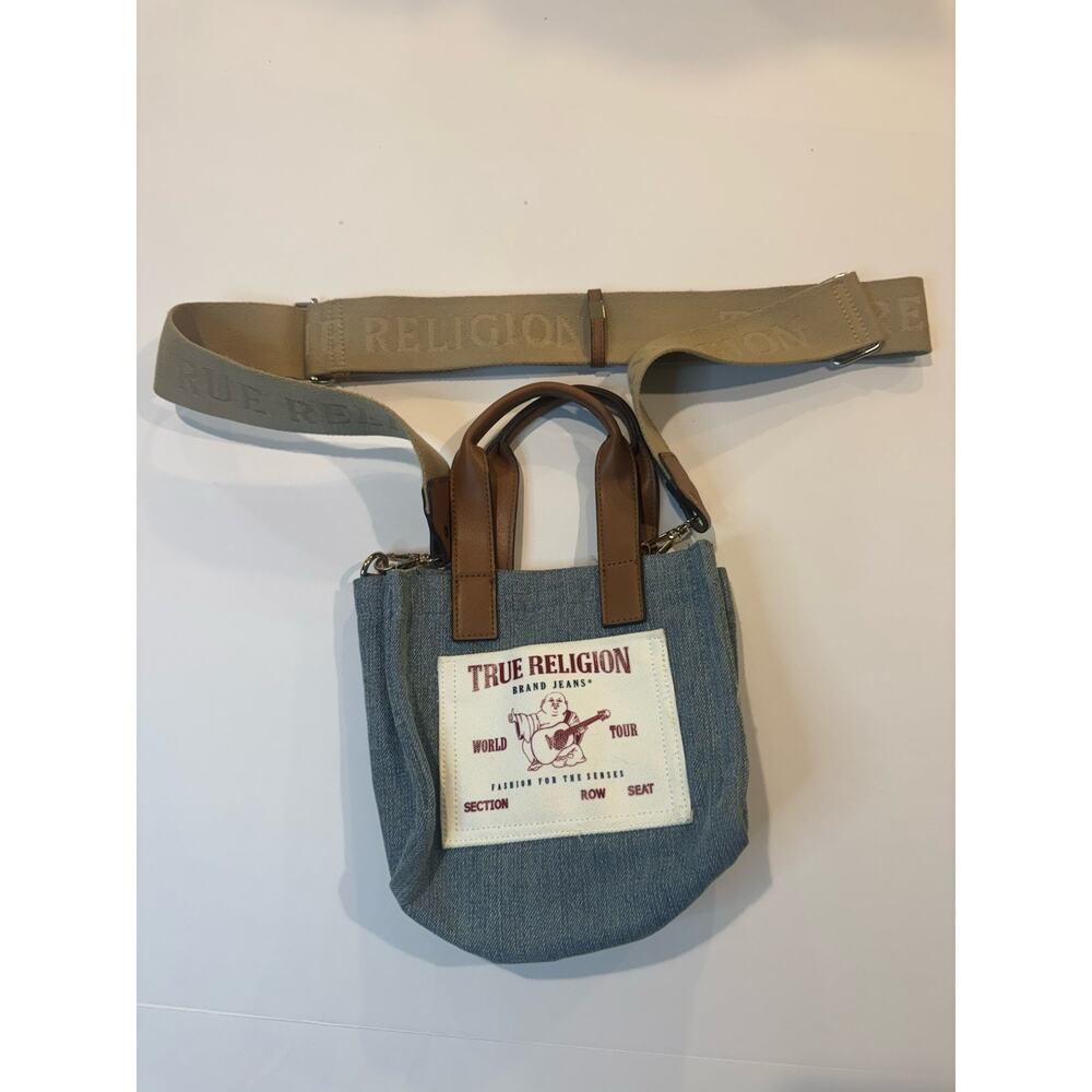 True Religion Denim Mini Purse Tote Bag Light Blue Crossbody Guitar Logo Strap